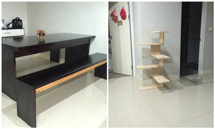 ทำโต๊ะอาหาร ม้านั่ง โต๊ะหน้าโซฟา ชั้นวางของติดผนังเข้ามุม งบ 6,500 บาท