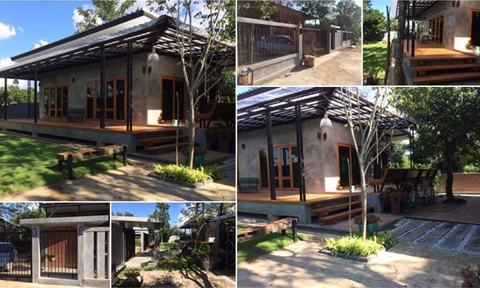 แบบบ้านชั้นเดียว ยกพื้นสไตล์โมเดิร์นลอฟท์ ผนังปูนเปลือยผสมงานไม้สวยๆ