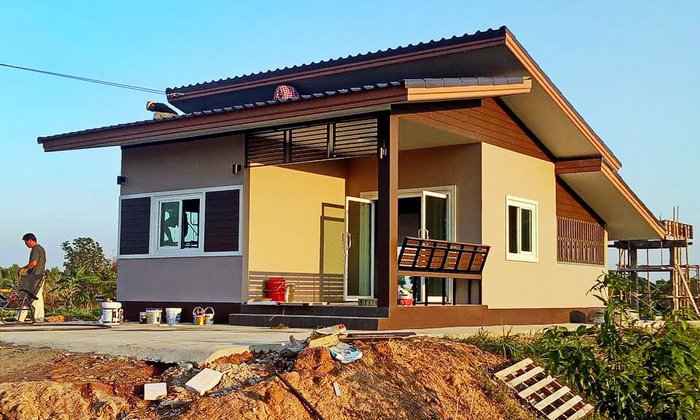 แบบบ้านชั้นเดียวยกพื้นบ้านไร่ปลายนา ดีไซน์ทรงเหลี่ยมโมเดิร์น 54 ตรม.งบการก่อสร้าง 3.5 แสนบาท