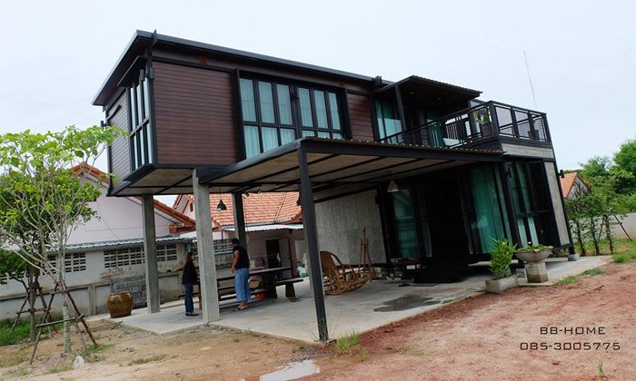 แบบบ้านสองชั้น ยกพื้นใต้ถุนสูง โครงเหล็กน็อคดาวน์ 2 ห้องนอน 2 ห้องน้ำ By BB-Home