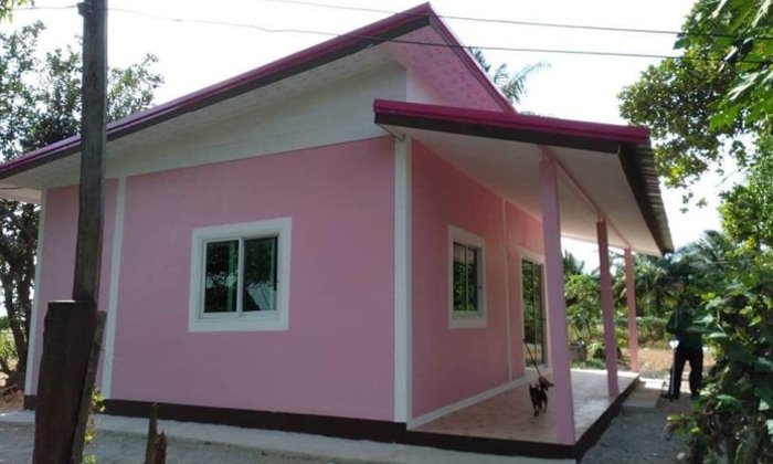แบบบ้านชั้นเดียวสไตล์โมเดิร์น บ้านสวนโทนสีชมพู ขนาดกะทัดรัด งบประมาณ 260,000 บาท