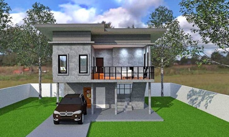 แบบบ้านสองชั้นโมเดิร์นลอฟท์ สวยดิบด้วยปูนเปลือย มีระเบียงและที่จอดรถราคา 8.5 แสนบาท