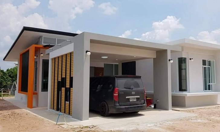 แบบบ้านชั้นเดียวสไตล์ทรอปิคอล หลังคาทรงสโลป ตกแต่งเรียบง่ายแต่พิถีพิถัน 3 ห้องนอน 3 ห้องน้ำ พื้นที่ใช้สอย 188 ตร.ม.