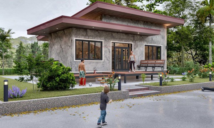 แบบบ้านชั้นเดียวสไตล์โมเดิร์น โดดเด่นด้วยเฉลียงกว้างเปิดโล่ง 3 ห้องนอน 2 ห้องน้ำ พื้นที่ 126 ตร.ม.