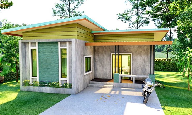 แบบบ้านชั้นเดียวสไตล์โมเดิร์นลอฟท์ ภายนอกตกแต่งด้วยปูนเปลือยสวยดิบ 1 ห้องนอน 1 ห้องน้ำ พื้นที่ 69 ตร.ม.