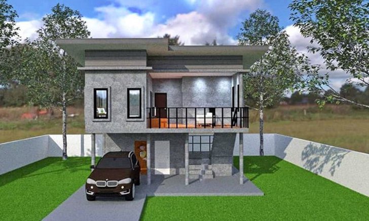 แบบบ้านสองชั้นโมเดิร์นลอฟท์ สวยดิบด้วยปูนเปลือย มีระเบียงและที่จอดรถราคา 8.5 แสนบาท