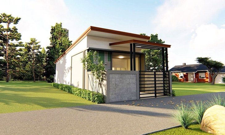 แบบบ้านสไตล์โมเดิร์น ดีไซน์รูปทรงตัวไอ (I-Shaped House) 2 ห้องนอน 1 ห้องน้ำ พร้อมที่จอดรถ (มีแปลนภายใน)