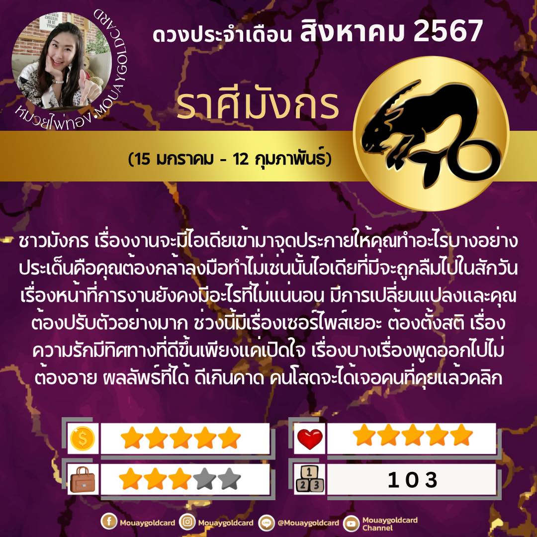 หมวยไพ่ทอง พยากรณ์ดวงชะตา 12 ราศี ประจำเดือนสิงหาคม 2567 พร้อมเลขนำโชค