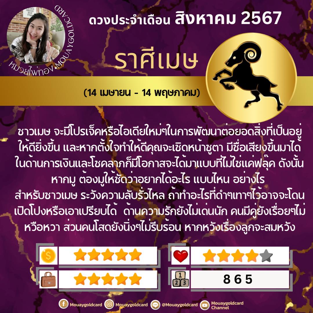 หมวยไพ่ทอง พยากรณ์ดวงชะตา 12 ราศี ประจำเดือนสิงหาคม 2567 พร้อมเลขนำโชค