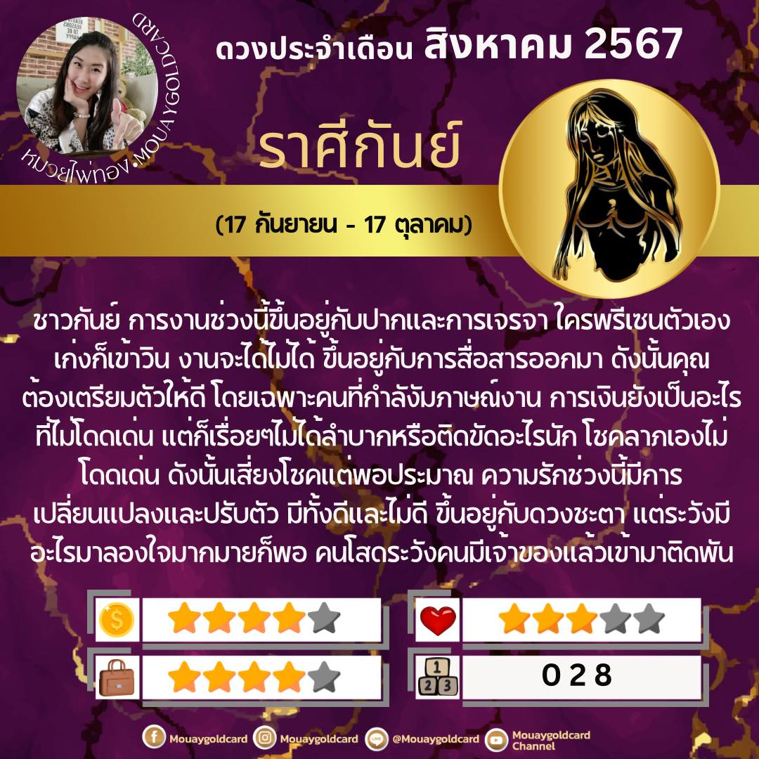 หมวยไพ่ทอง พยากรณ์ดวงชะตา 12 ราศี ประจำเดือนสิงหาคม 2567 พร้อมเลขนำโชค