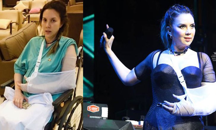 สปิริตสุดยอด! "คริสติน่า อากีล่าร์" ใส่เฝือกขึ้นเวที