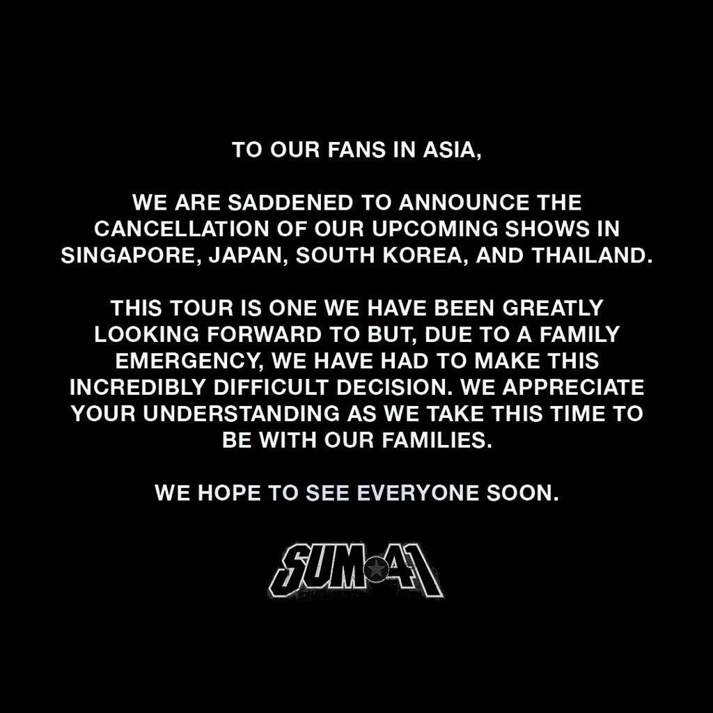 Sum 41 cancels Asia Tour