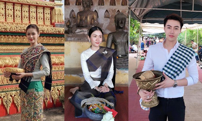 ຄົນບັນເທີງລາວ ແຕ່ງໂຕຕາມຮີດຄອງປະເພນີ ເຂົ້າວັດເຮັດບຸນ "ວັນເຂົ້າພັນສາ"