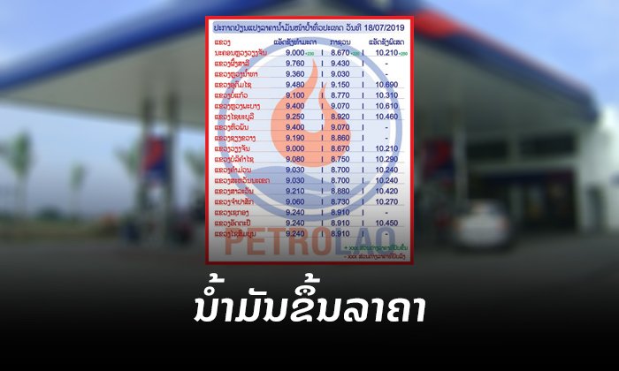 18 ກໍລະກົດ 2019 ເລີ່ມປັບຂຶ້ນລາຄານ້ຳມັນໃນຂອບເຂດທົ່ວປະເທດ