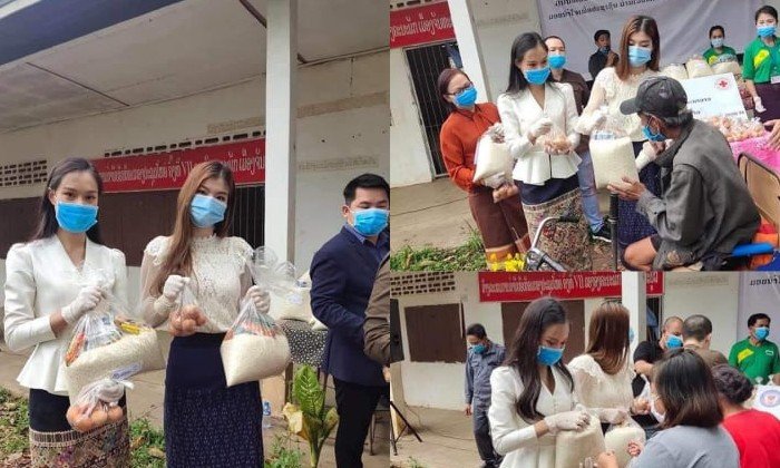 ຍາມລຳບາກກໍບໍ່ປະຖິ້ມກັນ! 2 ນາງງາມລາວ "ມິມີ່" ແລະ "ໂຈ່ແອ້ນ" ມອບເຂົ້າສານອາຫານແຫ້ງໃຫ້ປະຊາຊົນ
