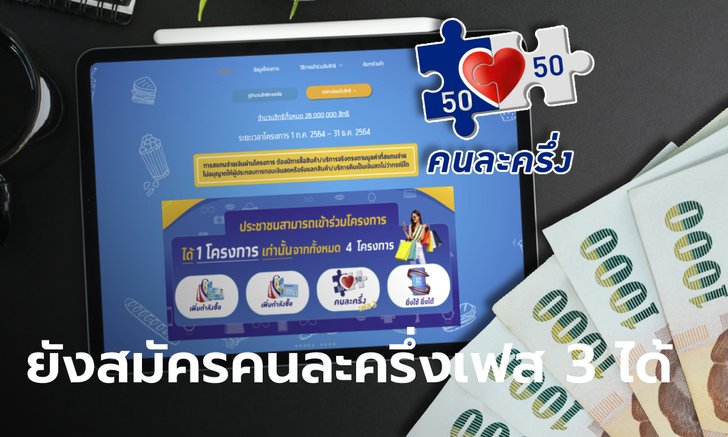 คนละครึ่งเฟส 3 ล่าสุด เหลือกว่า 2 แสนสิทธิ ลงทะเบียนรับ 3,000 บาท ใช้จ่ายถึงสิ้นปี 64