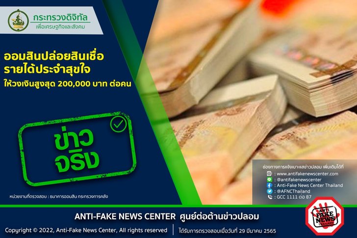 สินเชื่อรายได้ประจำสุขใจ วงเงินสูงสุด 200,000 บาท ต่อคน