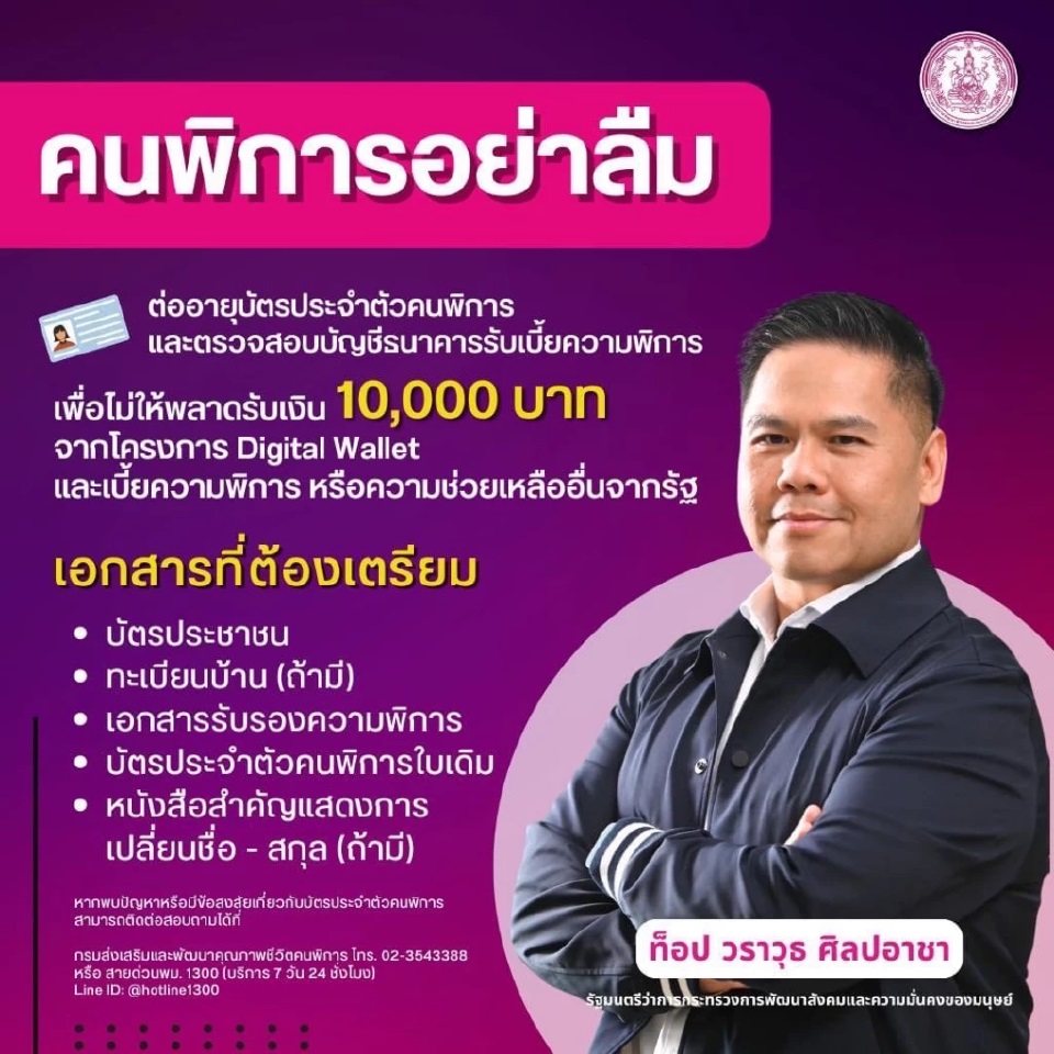 เตือนต่ออายุบัตรคนพิการ รับเงินดิจิทัล