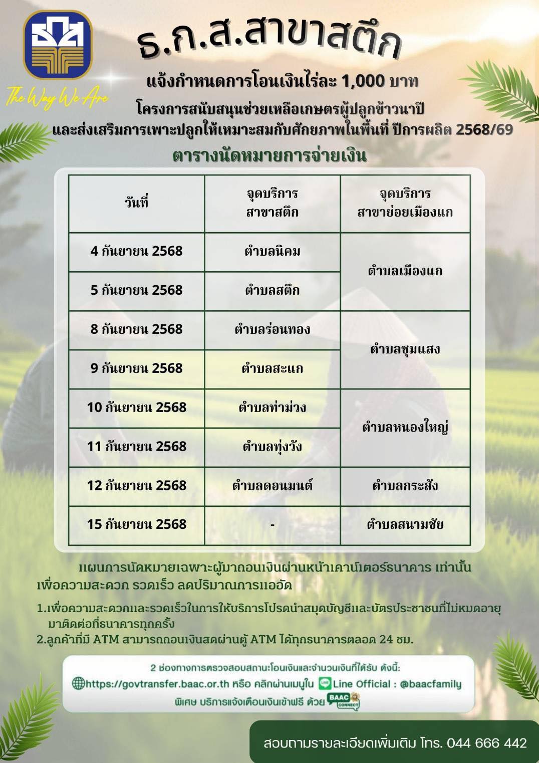 ตารางโอนเงิน ธ.ก.ส.สาขาสตึก (ผู้ปลูกข้าวนาปี)