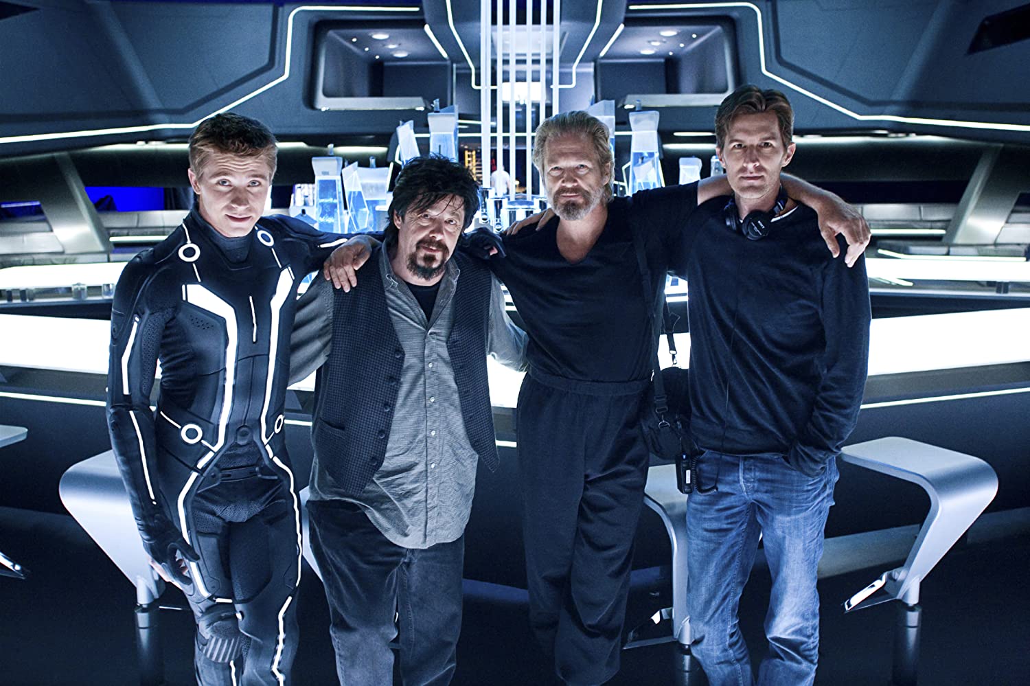 Jeff Bridges, Steven Lisberger, Garrett Hedlund, and Joseph Kosinski in Tron (2010)