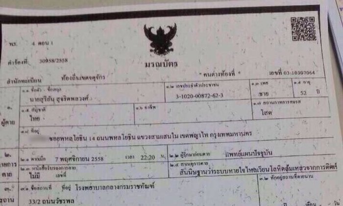 เผยใบมรณะบัตร 'หมอหยอง' เผาวัดทองสุทธาราม