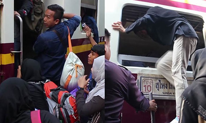แน่นทุกโบกี้! สถานีรถไฟยะลามีแค่ตั๋วยืน ต้องใช้บันไดเสริมขึ้นทางหน้าต่างแทน