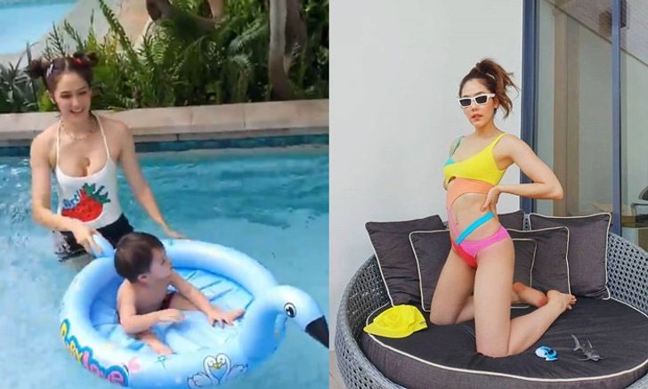 "คุณแม่ชมพู่" สุดแซ่บ กับชุดเล่นน้ำพร้อมลูกแฝด "สายฟ้า-พายุ"
