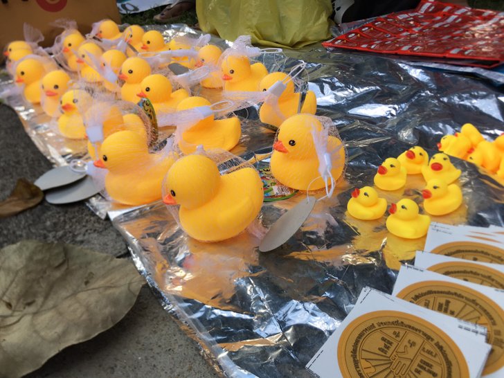 Choose from many sizes: merchants bring various products That are yellow ducks of various sizes Sold during assembly.