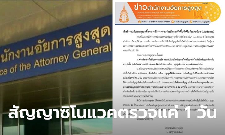 อัยการสูงสุด แฉยับ! ไม่เคยมีหน่วยงานใดส่งร่างสัญญาซื้อ "วัคซีนโมเดอร์นา" มาให้ตรวจ