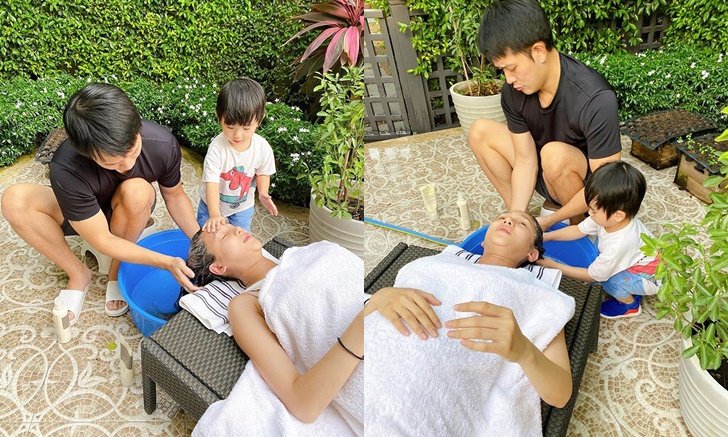 "เนย โชติกา" เผยโมเมนต์น่ารัก สามีและลูกชายช่วยกันสระผมให้แม่