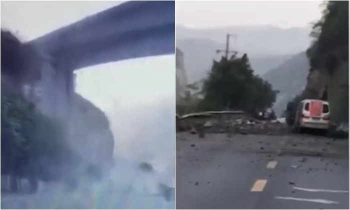 คลิประทึก หินถล่มใส่ถนนที่จีน ทับรถสองคันพังเสียหาย