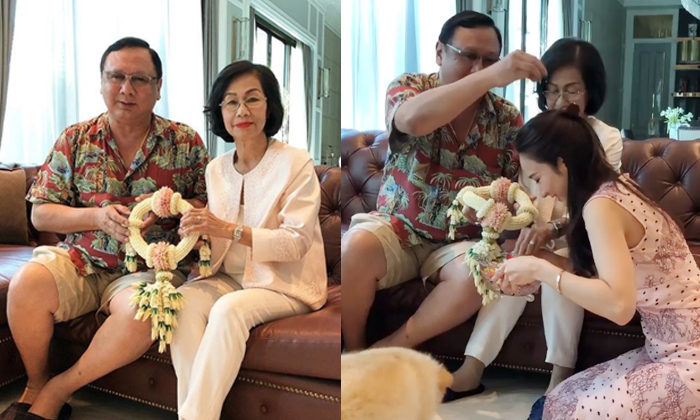 งามแบบประเพณีไทย อั้ม พัชราภา รดน้ำดำหัวขอพรคุณพ่อคุณแม่