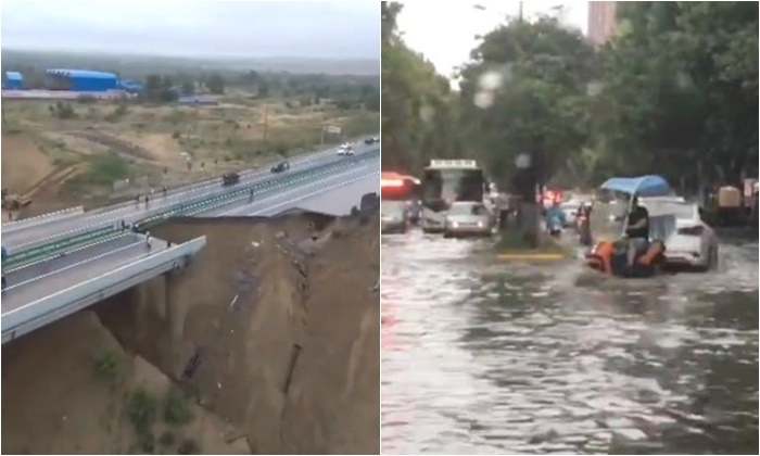 ส่านซีเจอฝนกระหน่ำ ทำสะพานถล่มกลืนรถ 1 คัน เปลี่ยนเมืองเตาไฟกลายเป็นเมืองน้ำ