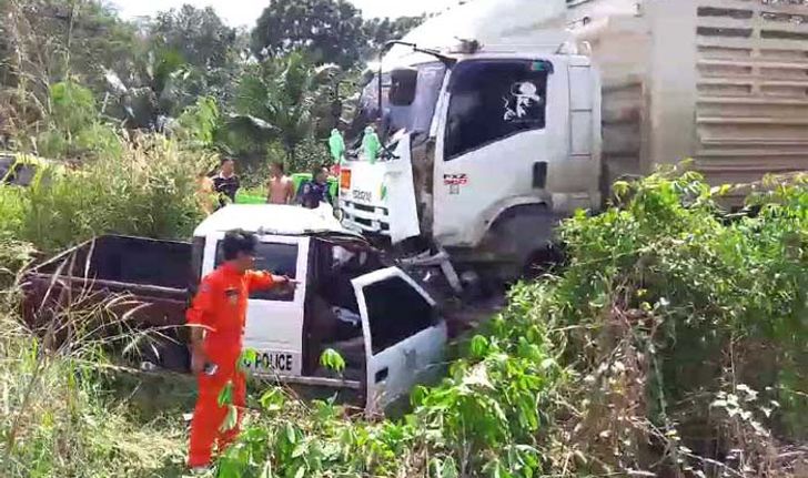 ตำรวจขับรถแซงไม่พ้น ประสานงาชน "รถบรรทุก 22 ล้อ" อาการสาหัส