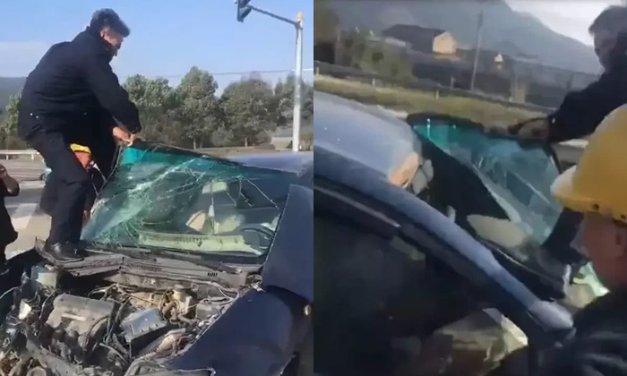 กดไลค์ ตำรวจจีนทุ่มสุดตัว งัด-ดึงกระจกมือเปล่า ช่วยคนเจ็บติดซากรถชน