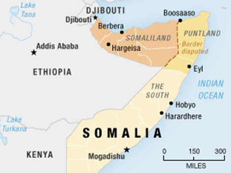 ประเทศโซมาลีแลนด์ (สีน้ำตาลอ่อน) ประเทศโซมาเลีย (สีเหลือง)