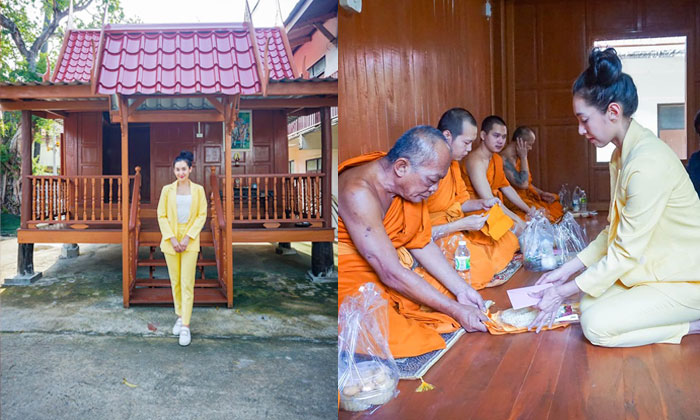 งามทั้งกายและใจ "เบลล่า ราณี" ทำบุญถวายกุฏิเรือนไทยหลังงาม