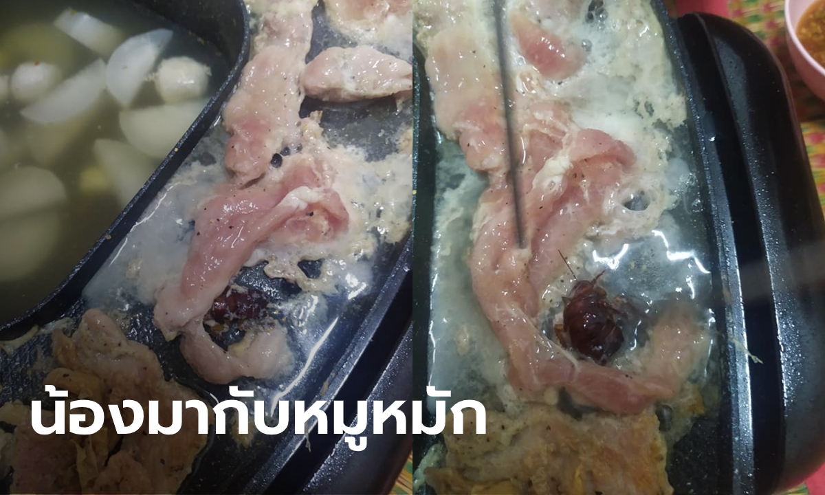 อวสานหมูกระทะ สาวร้องกรี๊ดเจอแมลงสาบในหมูหมัก กินไปจนเกือบหมดแล้ว