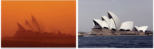 ภาพออสเตรเลียหลังโดนพายุฝุ่น (ภาพซ้าย)