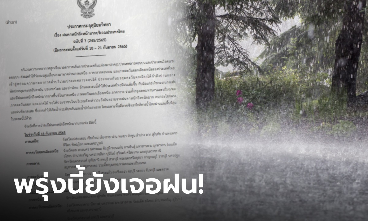 กรมอุตุฯ เตือน "ฝนตกหนัก" ยาวถึง 21 ก.ย.นี้ เช็กจังหวัดได้รับผลกระทบ