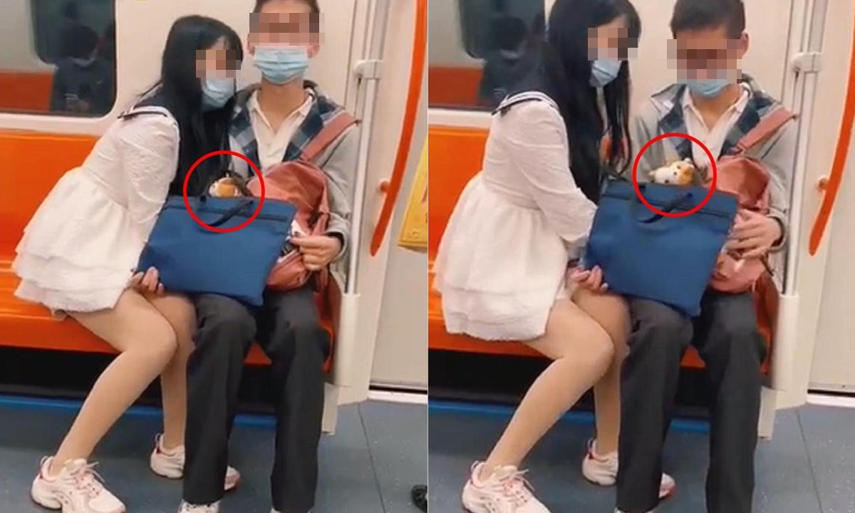 เอ๊ะยังไง? หนุ่มสาวนั่งคลอเคลียในรถไฟใต้ดิน แต่ตุ๊กตาติดกระเป๋าสั่นแบบแปลกๆ