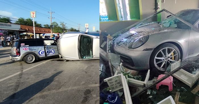 รถหรูซิ่งแข่งกัน มินิฯ เสียหลักชนรถนักเรียน เจ็บ 15 ปอร์เช่พุ่งชนทะลุเข้าร้านค้า