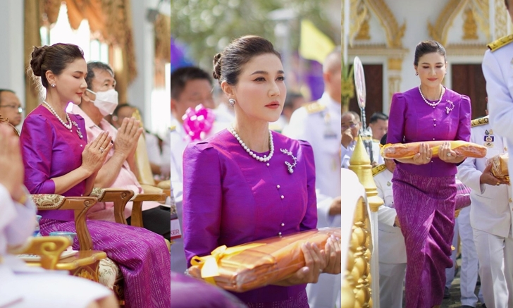 "แอน สิเรียม" งดงามมาก นุ่งชุดไทย ทำบุญทอดกฐินพระราชทาน ณ วัดสิเรียมฯ