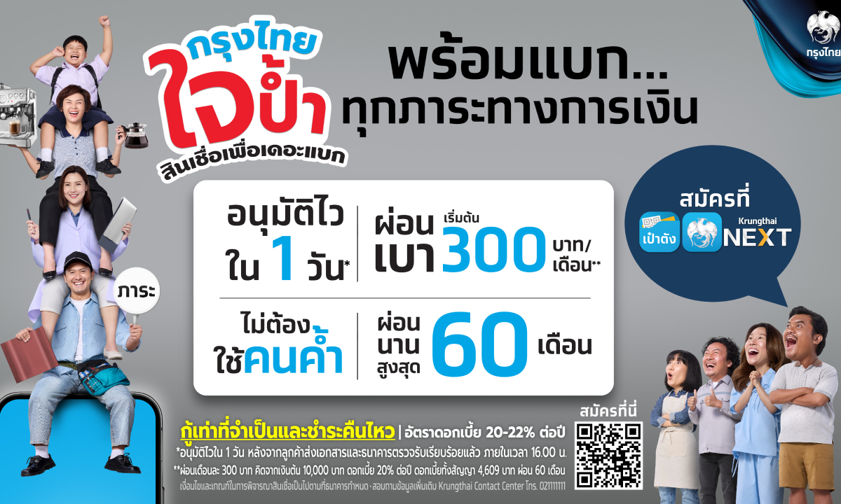 สินเชื่อกรุงไทยใจป้ำ ปล่อยเงินกู้อนุมัติไวใน 1 วัน สมัครง่ายผ่านแอปเป๋าตัง หรือ Krungthai NEXT