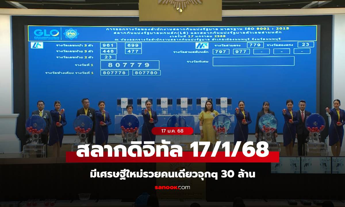 วาสนาผู้ใดหนอ? สลากดิจิทัล งวด 17 ม.ค. 68 มีเศรษฐีใหม่รวยคนเดียวจุก ๆ 30 ล้าน