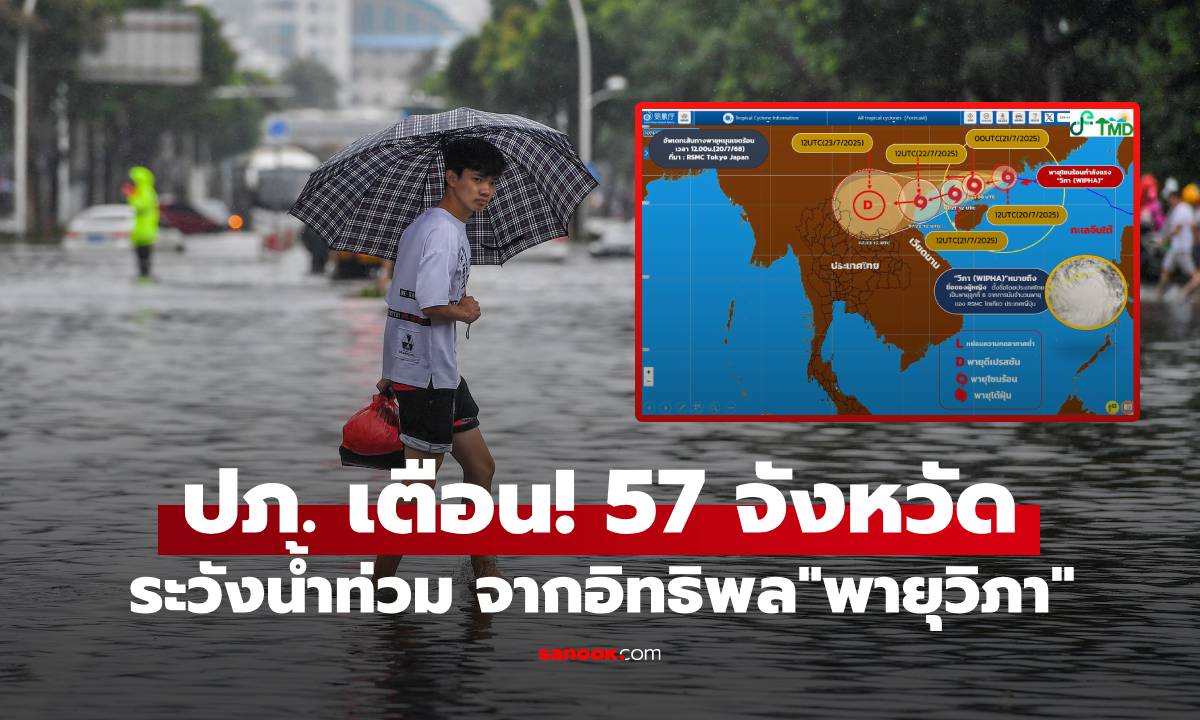 ปภ. เตือน! 57 จังหวัด เฝ้าระวังน้ำท่วม จากอิทธิพล "พายุวิภา" ช่วง 20-24 ก.ค.68