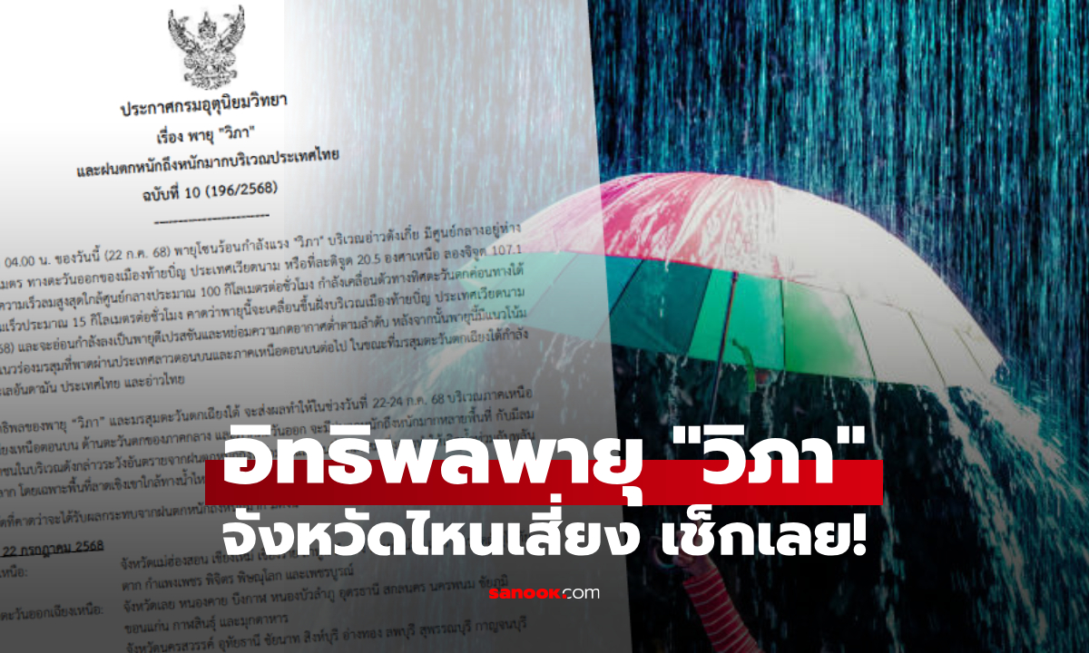 กรมอุตุฯ ประกาศล่าสุด เตือนพายุวิภา "จังหวัดที่คาดว่าจะกระทบ"  ไทยฝนถล่ม 3 วันติด!