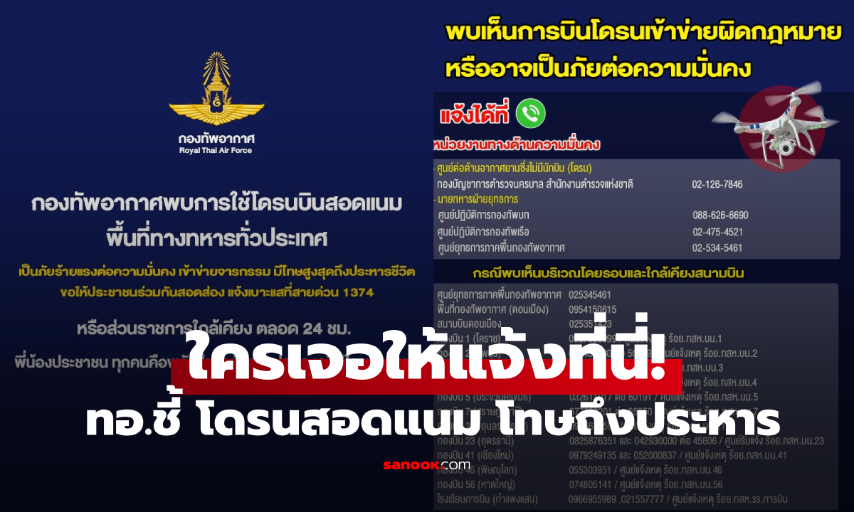 เตือนโดรนลอบบิน! ทอ.เอาจริง เจอบินเหนือฐานทัพ พร้อมสกัดทันที ย้ำโทษหนักถึงประหาร