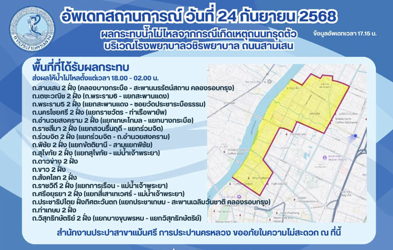 เช็กด่วน! การประปานครหลวง แจ้งหยุดจ่ายน้ำ 19 พื้นที่ เหตุถนนทรุดหน้าวชิรพยาบาล