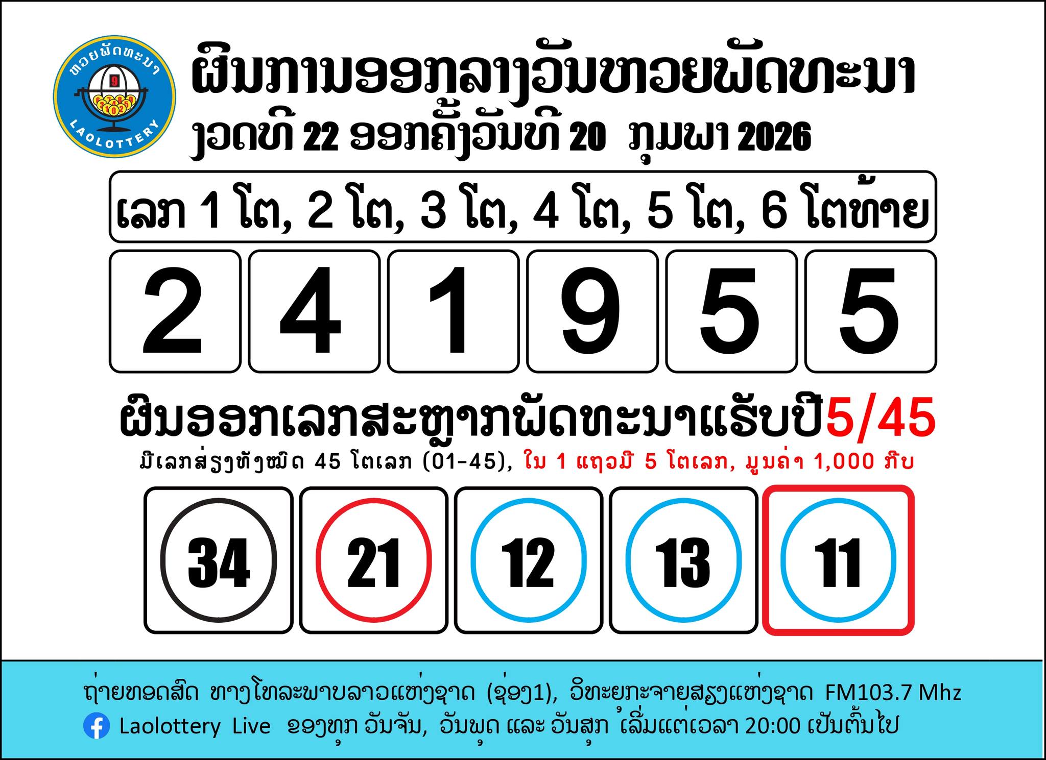 หวยลาววันนี้ 20 กุมภาพันธ์ 2569
